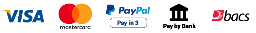 Payment by Visa, Master Card, PayPal Pay in 3, Pay By Bank, BACS